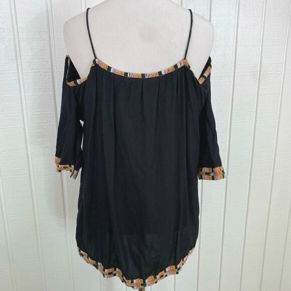 Earthbound Trading Top Blouse Short Sleeve Hippie Festival Boho Black Large - Picture 4 of 6